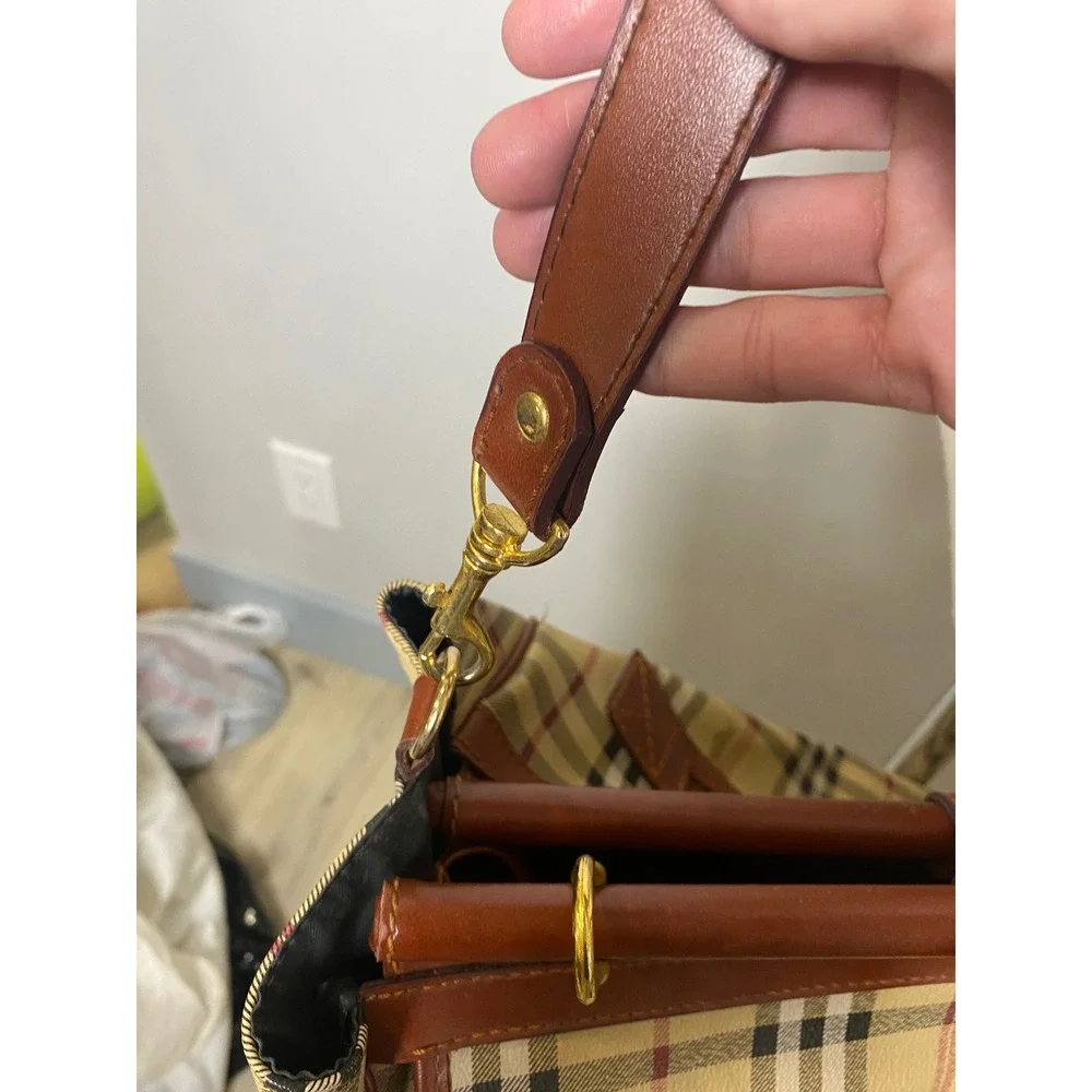 Vintage 90s Leather Collection Nova Check Plaid Satchel Crossbody Bag Brown